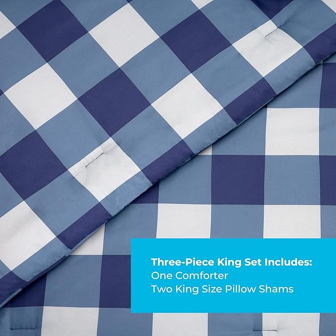 LINENSPA All Season Hypoallergenic Down Alternative Microfiber Comforter, Oversized King, White/Navy