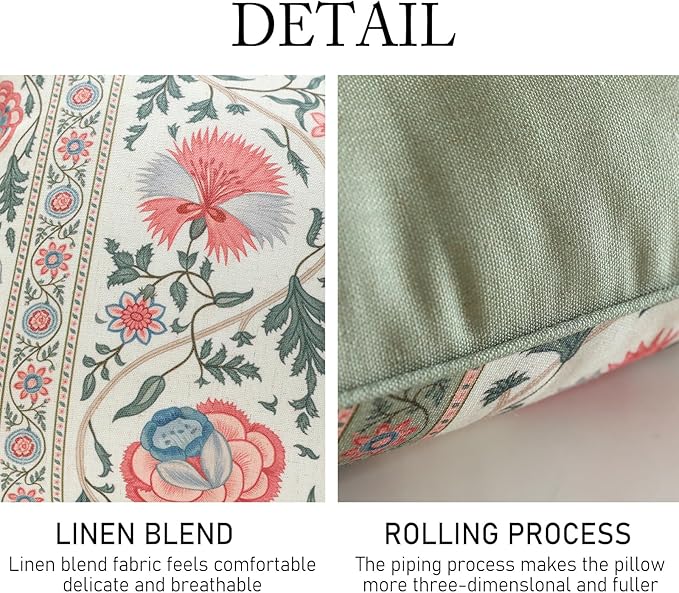 ISAENNE Design Lumbar Retro Elegance Linen Throw Pillow Covers 12"x28" Pack of 2, Green Pink Floral Pattern Cushion Covers Rectangle Decor Pillowcases for Bed,Living Room,Outdoor,Car
