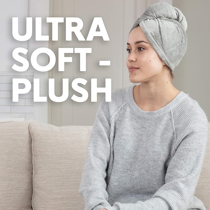 Evolatree Ultra Soft Microfiber Hair Towel Wrap with Wooden Button – Quick-Dry Anti-Frizz Turban for Women, Thoughtfully Designed for Mindful Hair Care – Gray