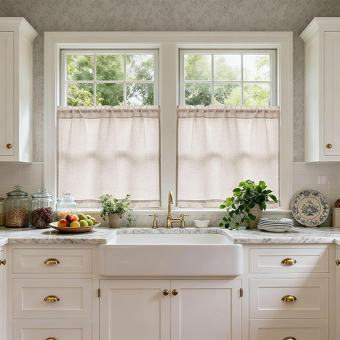 Linen Kitchen Cafe Curtains 30 Inch Length for Farmhouse Room Small Window Boho Semi Sheer Light Filtering Rod Pocket Privacy Short Drape 2 Panels Tan Beige Light Coffee W30xL30