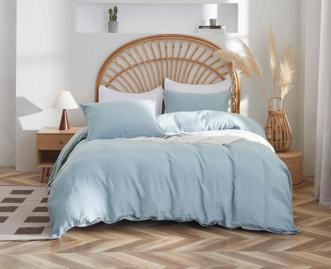 100% French Flax Linen Duvet Cover Set, Queen Size 90''x90'' 3 Pcs with 8 Corner Ties and Button Closure, Soft and Breathable for All Season(Blue, Queen)