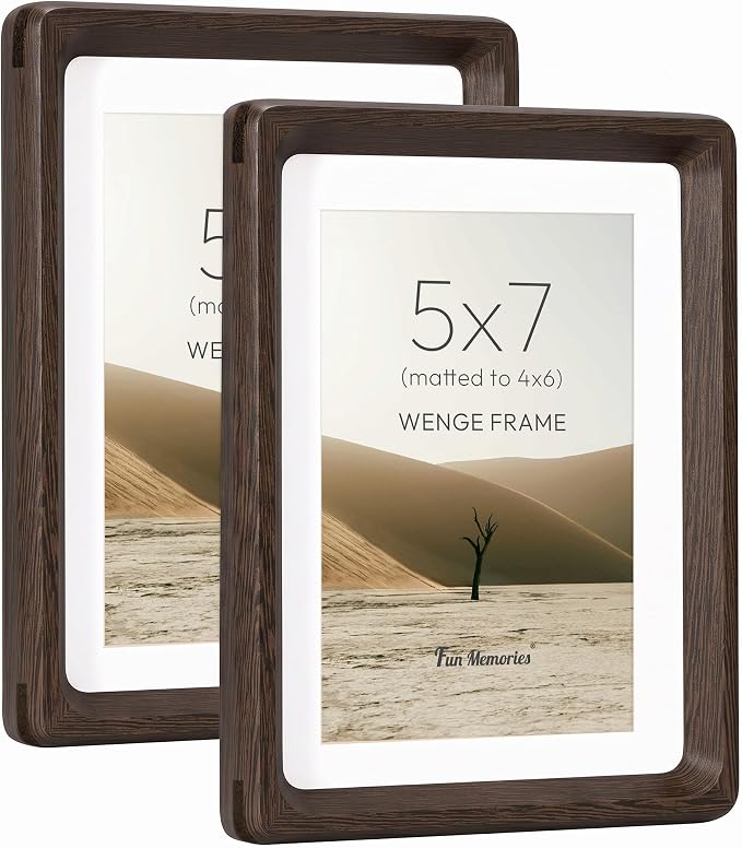 5x7 Picture Frame Set of 2, Natural Wenge Wood Photo Frame with HD Tempered Glass, Handcrafted Rounded Corner 5 x 7 Wooden Frames Matted to 4x6 Photos, 5x7 Frames, Tabletop or Wall Display