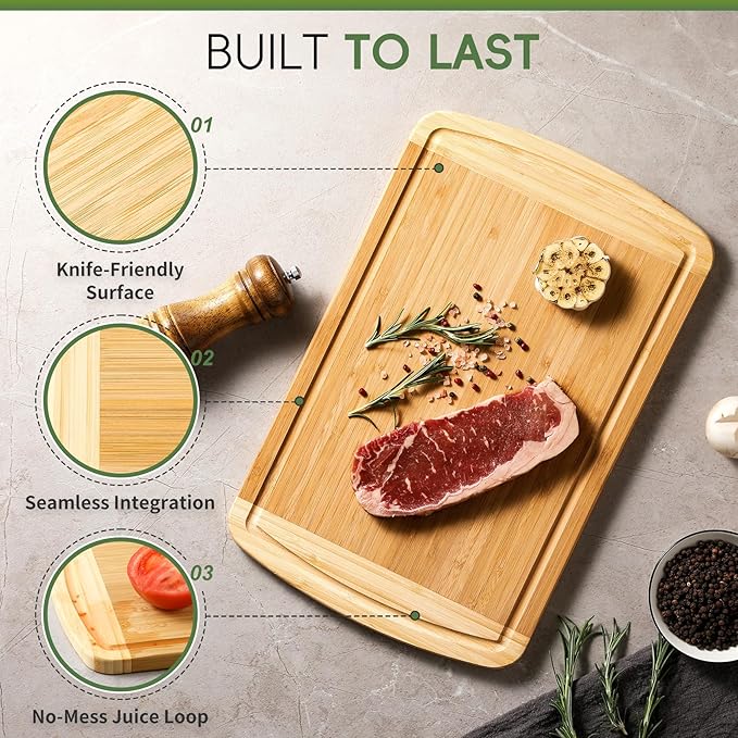 Large Wooden Cutting Board for Kitchen Meal Prep & Serving - Bamboo Cutting Boards with Juice Groove Side Handles, Charcuterie & Chopping Butcher Block - 100% Organic Bamboo, Pre Oiled, 16" x 10"