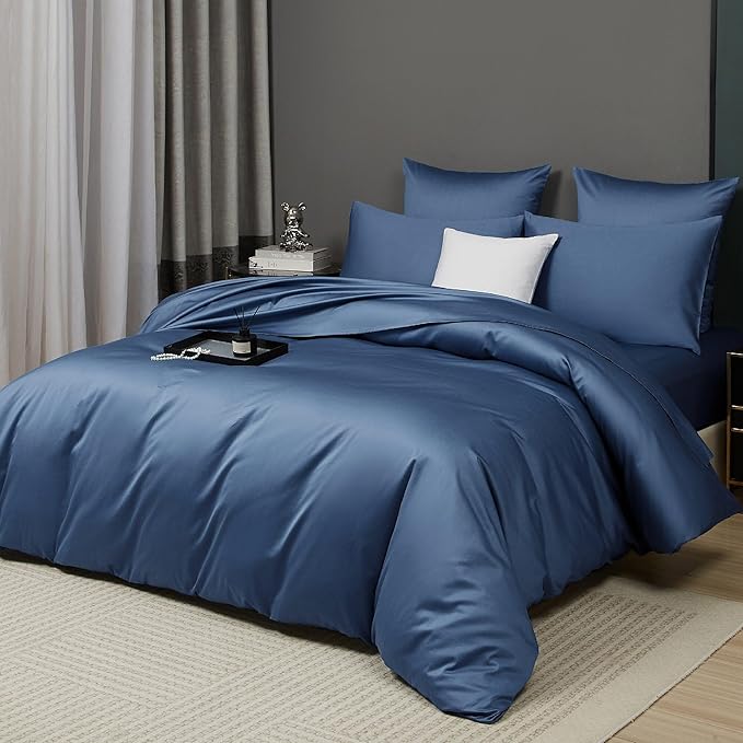 Slate Blue Cotton Duvet Cover Set King 100% Long-Staple Cotton Sateen Bedding Set, Soft Breathable Smooth Organic Pure Cotton Plain Comforter Cover, Luxury Minimalist Bedroom Decor for All Season