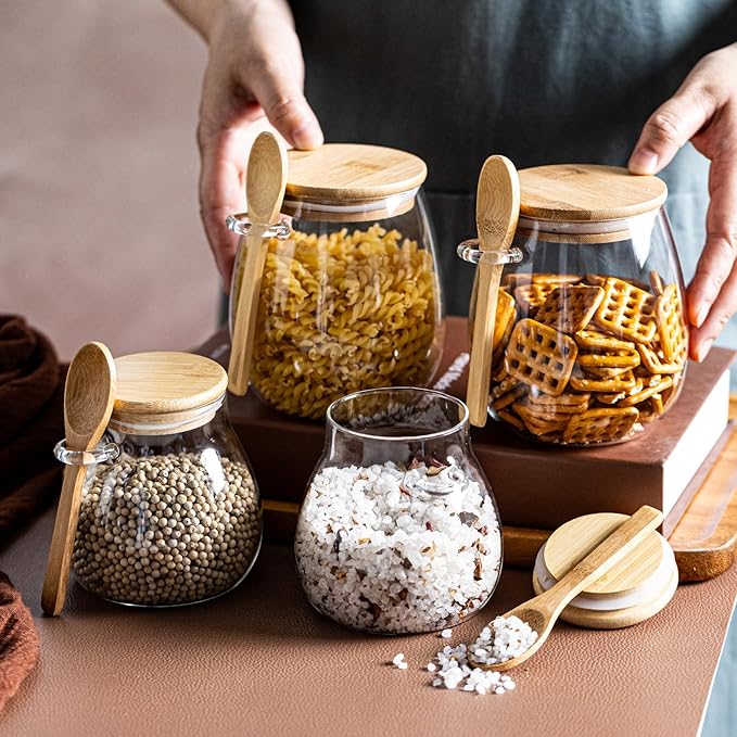 Airtight Glass Food Storage Jars with Bamboo Lid and Spoon - Wide Mouth Leak Proof Kitchen Canisters for Coffee Beans,Tea Leaves,Cereal,Flour,Nuts,and Pantry Organization (16oz 4PCS)