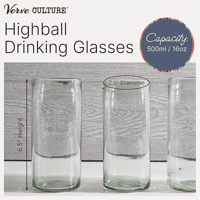 Verve CULTURE Mexican Highball Drinking Glasses, Unique Handblown Glassware, Glass Cups for Cocktails, Juice, Mixed Drinks, Elegant Tabletop Drinkware, Set of 4 (Clear, 16 oz)