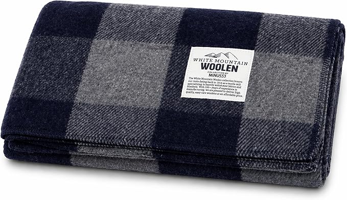 Lodge Twin Blanket - 80% Recycled Wool - Buffalo Plaid - Warm Throw Blanket - Thick - Washable - 65W x 90L - Gray and Blue Plaid