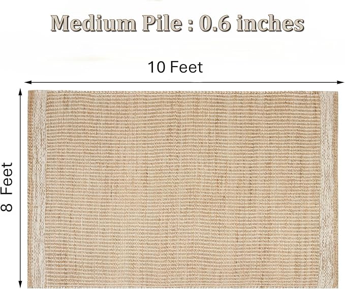 8x10 feet Natural Jute & Wool Area Rug,– Handwoven Mini Check Natural Fiber Rug with 4" Border, Neutral Boho Farmhouse Rug for Living Room,Dining Room,Bedroom | 0.6" Pile (8' x 10')