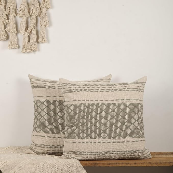 Trade Star Set of 2 Handloomed Pillow Covers Decorative Pillow Cases Throw Cushion Covers Cotton Premium Quality Pillow Shams Farmhouse Decor 18x18 Inches