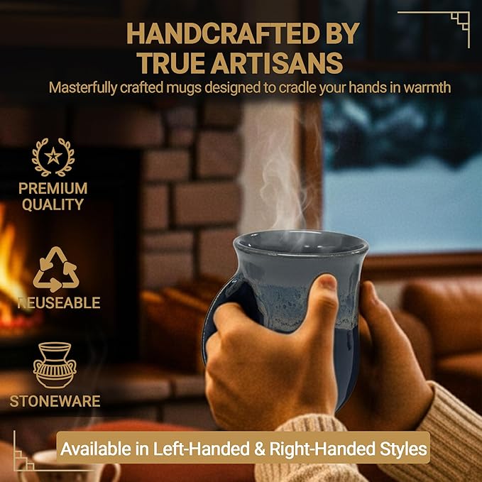Clay in Motion Hand Warmer Coffee Mug – Handmade Coffee Mug With Comfortable Handle Contoured Pocket Hand Warming Ceramic Coffee Mug – Proudly Made in USA – Left Handed – 14 Oz - Stormy Night