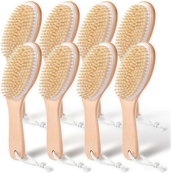 8 Pcs Dry Brushing Body Brush, Body Scrub Brush Natural Boar Bristle with Contoured Wooden Handle for Back Legs Feet Exfoliates Dead Skin