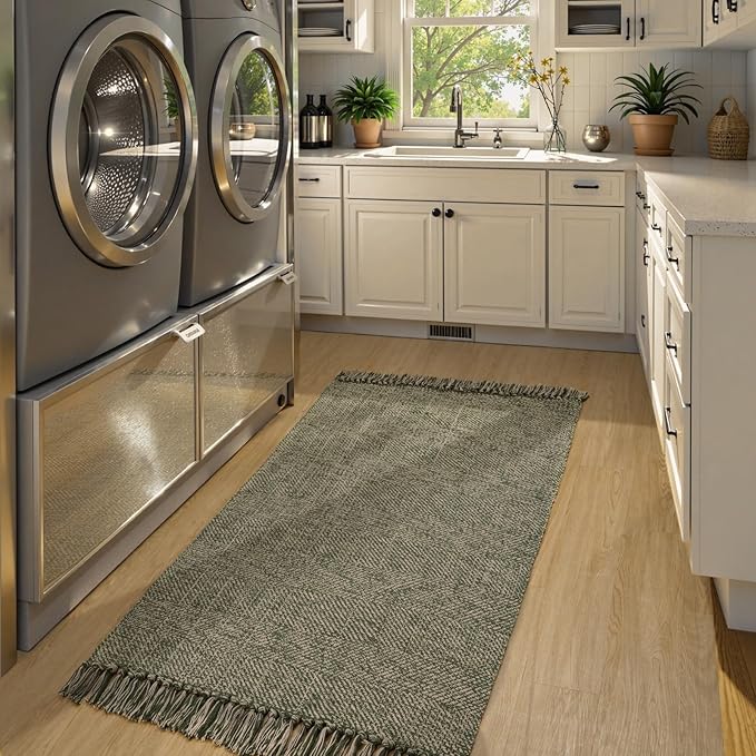 Collive 3x5 Small Area Rugs, Machine Washable Natural/Green Rug Modern Braided Kitchen Rugs, Neutral Reversible Throw Carpet Farmhous Woven Rug for Entryway Indoor Nursery Mudroom Living Room