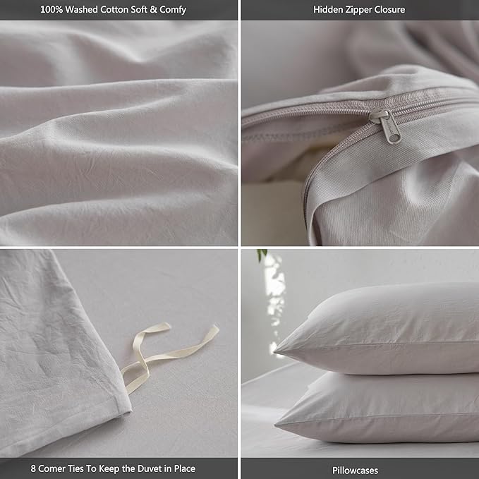 MooMee King Duvet Cover Set, 100% Washed Cotton Linen Like Twill Thick Sturdy Material Super Soft Breathable Durable Bedding for All Season, 3 Pieces (Light Gray, King 104"x90")