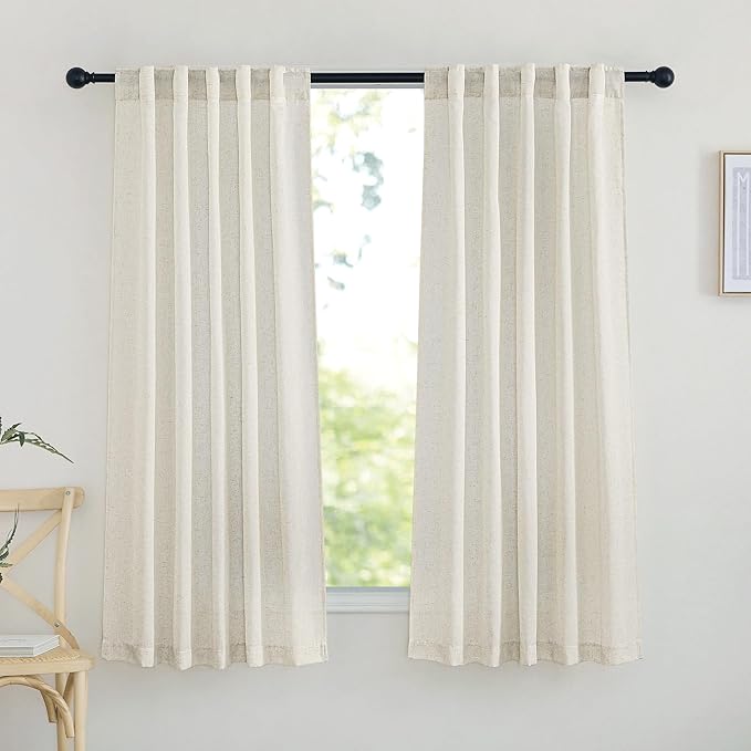 NICETOWN Natural Linen Curtains for Bedroom 63 inches Long, Rustic Rod Pocket & Back Tab Semi Sheer Privacy Added Window Treatments Light Filtering Drapes for Kids Room, W42 x L63, 2 Panels