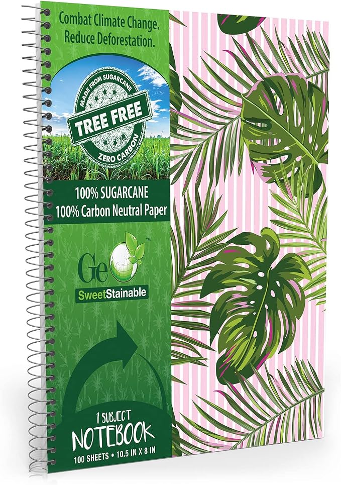 Spiral Notebook, Eco-Friendly & Carbon Neutral Tree Free Paper Subject Notebook, 8” x 10.5”, 100 Sheets (Tropical Palm Leaves)