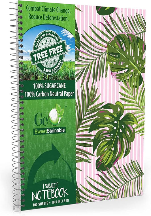Spiral Notebook, Eco-Friendly & Carbon Neutral Tree Free Paper Subject Notebook, 8” x 10.5”, 100 Sheets (Tropical Palm Leaves)