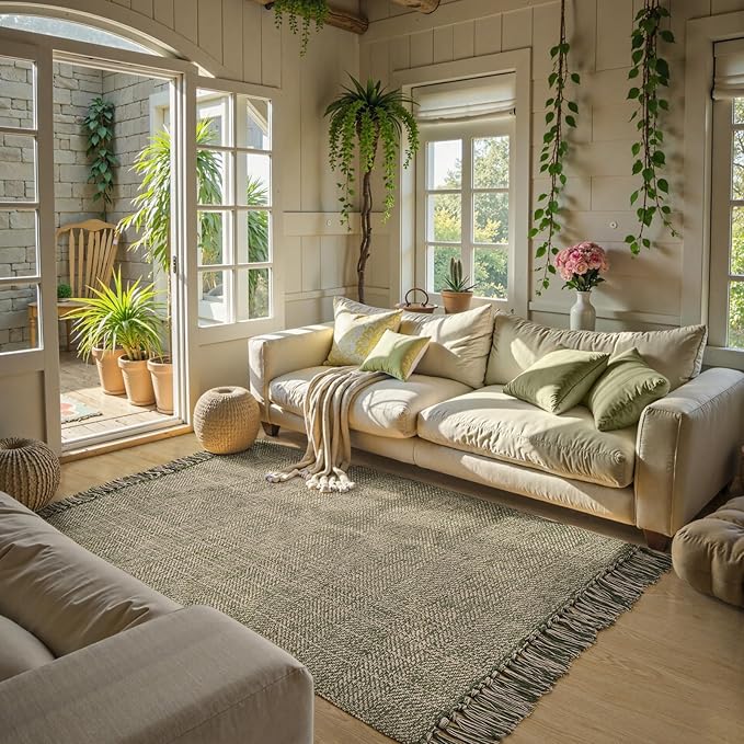 Collive Washable Area Rug 4' x 6', Woven Cotton Bedroom Rugs Neutral Indoor Accent Rug, Modern Comfy Floor Carpet with Tassel for Living Room, Nursery Room, Dining Room, Bedside, Patio Decor
