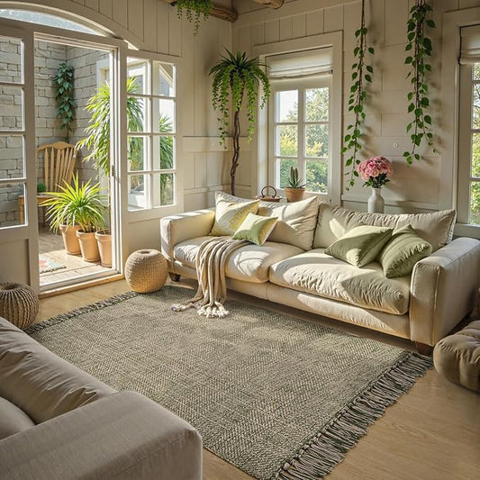 Collive Washable Area Rug 4' x 6', Woven Cotton Bedroom Rugs Neutral Indoor Accent Rug, Modern Comfy Floor Carpet with Tassel for Living Room, Nursery Room, Dining Room, Bedside, Patio Decor