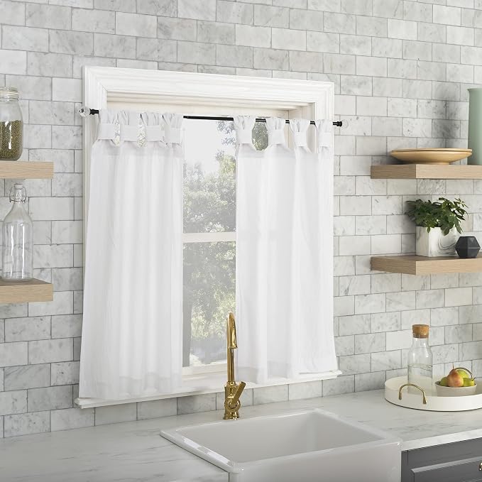 Archaeo Washed Cotton Small Window Twist Tab Cafe Curtains, 52" x 36", White