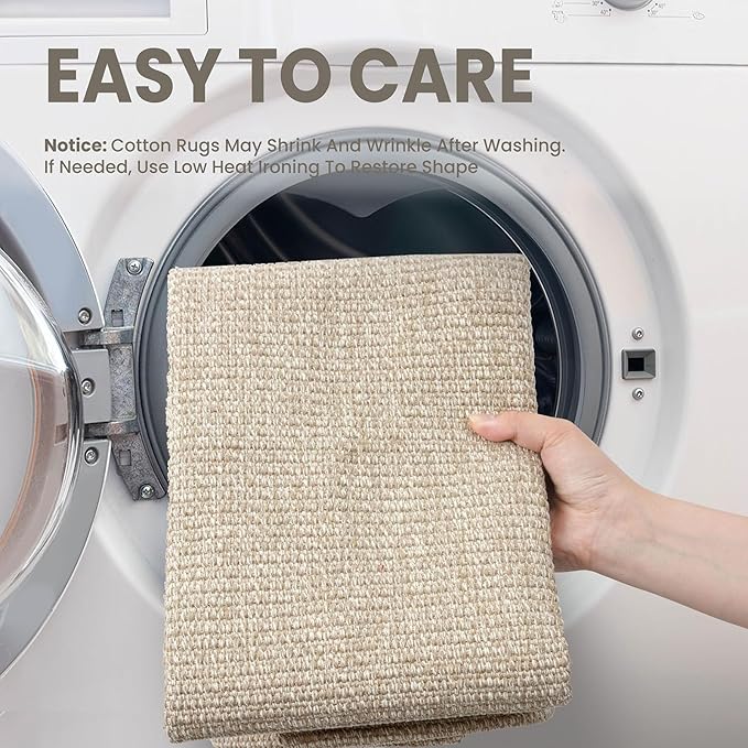 EARTHALL Washable Area Rug 4x6 Ft Non Slip Rugs for Entryway Braided Rubber Backed Bedroom Carpet Cotton Entry Rug Woven Floor Carpets for Bedroom Dining Room Living Room, Send/Beige