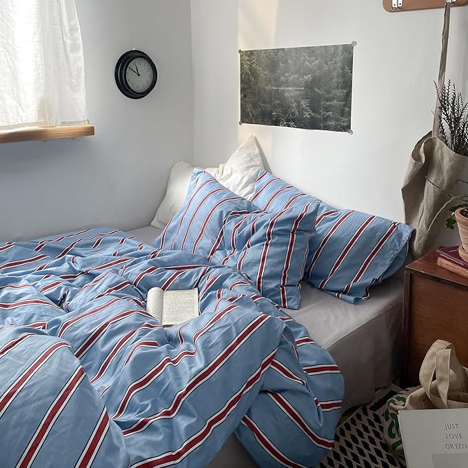 mixinni Vintage Striped Blue Duvet Cover Queen - 100% Cotton Red Stripes 3-Piece Bedding Duvet Cover Set with Zipper Closure, Soft & Breathable Retro Design for All Seasons (Queen Size)