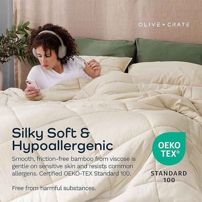 Olive + Crate Cooling Down Alternative Comforter - Hypoallergenic King Size Duvet Insert Lightweight - All Seasons Plush Design Bamboo Comforter - 100% Bamboo Viscose Outer Cover - Beige 102"x90"