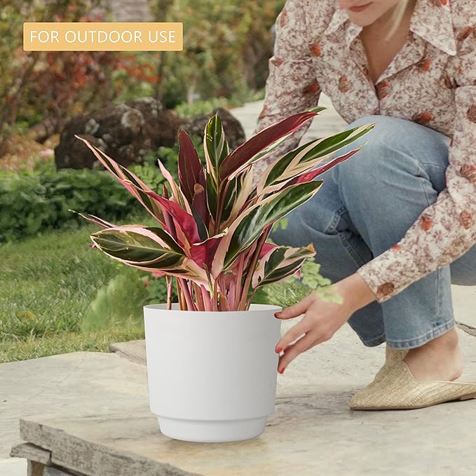 kubvici Plant Pots for Indoor Plants, 2 Pack 10 Inch Plant Pot Plastic Flower Pots Planters with Drainage Saucer for Indoor Outdoor Garden Home (10" White)