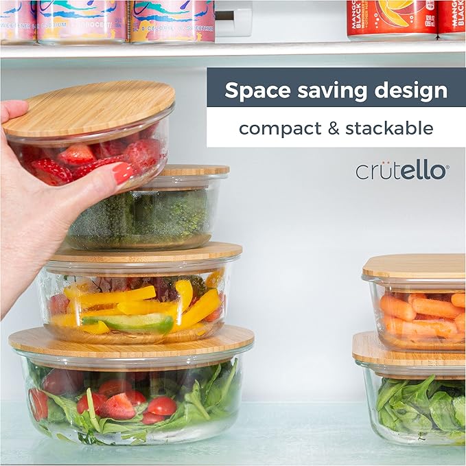 Crutello Glass Storage Containers with Bamboo Lids - Eco-Friendly Non Toxic Meal Prep Jars with Wooden Lid for Fridge and Kitchen Organization - Non Plastic Container for Fruit Bowls 2 Pack