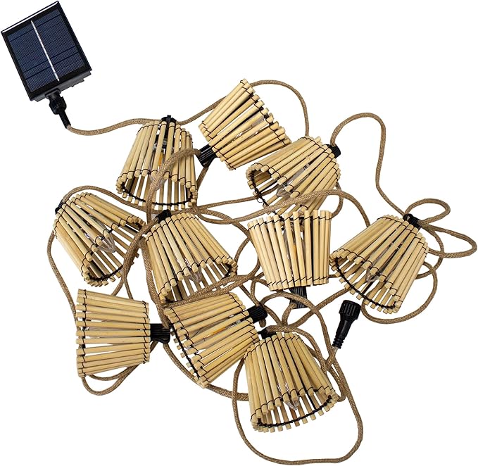 newgarden - Okinawa Solar & Rechargeable Battery Jute Color | Indoor & Outdoor use | Warm Light 35 Lumen/Bulb. Cable Length: 16ft.