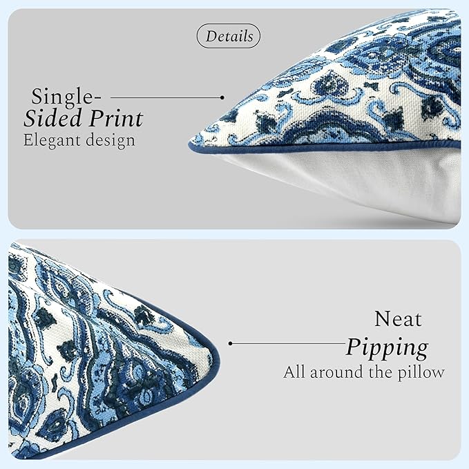 CPC Sea Blue Block Print Throw Cushion Cover 18 x 18 Inch Set 2 - Decorative Boho Floral Pillow Case for Living Room, Bed, Sofa, Couch, Home Decor Cushion Cover Gift for Spring, Mother's Day