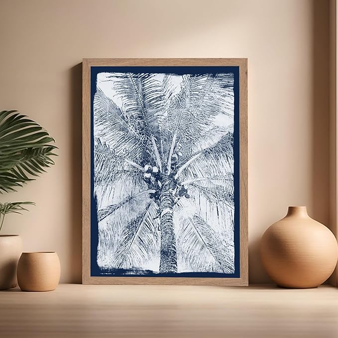 Monem Art Coastal Palm Tree Cyanotype Print - Blue and White Tropical Botanical Design Poster - Wall Decor for Beach House, Bedroom or Living Room - 16x20 Beige Framed Wall Art by Renee Stramel