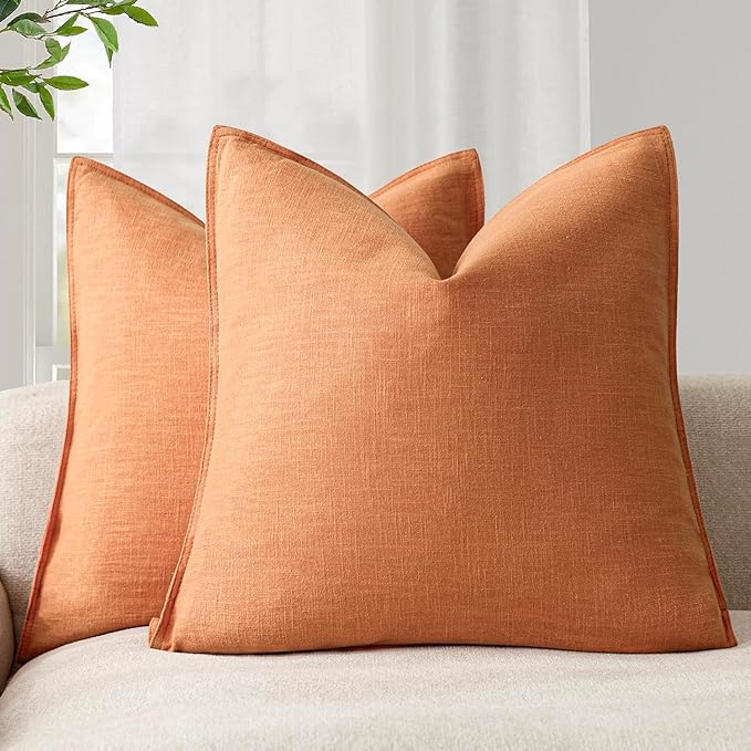 Foindtower Pack of 2, Decorative Linen Soild Throw Pillow Covers Soft Accent Euro Cushion Case Farmhouse Neutral Pillowcase for Chair Couch Sofa Bed Living Room Home Decor 18 x 18 Inch Dusty Orange
