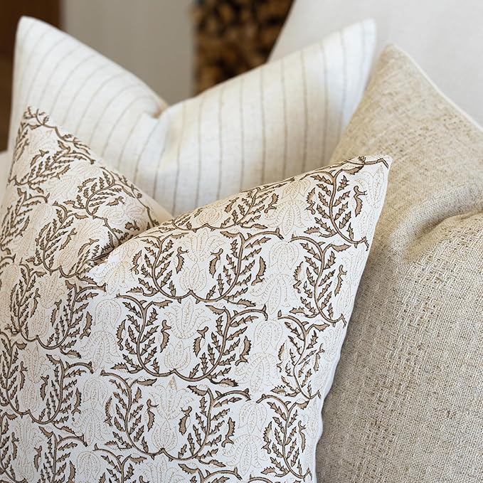 FIOUOVO Floral Throw Pillow Covers 18x18 Set of 2 Block Print Cushion Covers Farmhouse Neutral Accent Decorative Pillow Covers Home Decor for Sofa Couch Living Room Bedroom, Cognac Brown