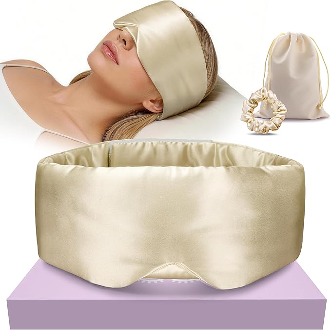 Silk Sleep Mask 22 Momme100% Mulberry Silk & 3.5cm Silk Hairband Set, Upgraded Light Blocking NosePad, Soft Wide Adjustable Strap, Comfortable Eye Mask for Men Women Home Travel (Khaki)