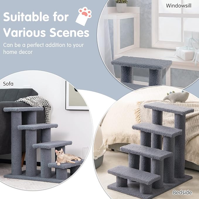 Tangkula Pet Stairs for Cats and Dogs, 4-Step Carpeted Ladder Ramp Cat Climber Cat Scratching Post, Multi-Step Dog Stairs for High Beds, Couch (Grey)
