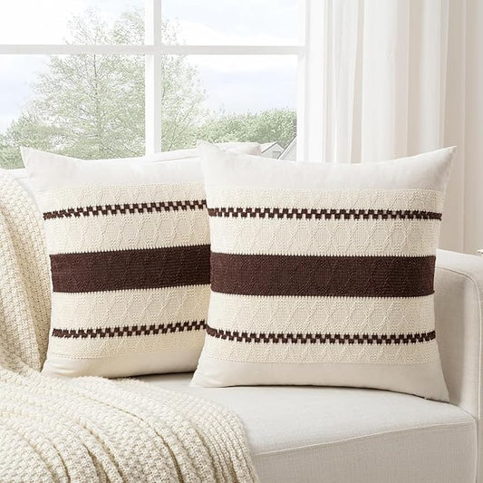 Fancy Homi Set of 2 Boho Brown Decorative Throw Pillow Cover 20x20 Inch for Couch Bed Sofa, Aesthetic Modern Organic Farmhouse Home Decor, Soft Cotton Cute Accent Macrame Woven Cushion Case