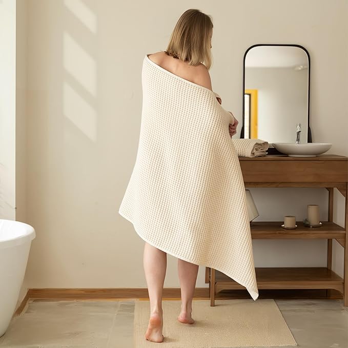 Premium Waffle Bath Towels Pack of 2 Extra Large 35x71 inch - 100% Turkish Cotton, Waffle Weave, Quick Dry, Lint Free, Oversized, Thin Bath Sheet Towel (Natural, Set of 2 Bath Towels)