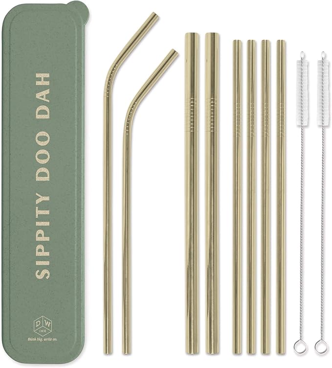 DesignWorks Ink Reusable Stainless Steel Straws with Case - Includes 2-Bendy Straws, 2-Smoothie Straws 4-Metal Straws, 2-Straw Cleaner Brushes in Green "Sippity Doo Dah" Straw Holder Travel Case