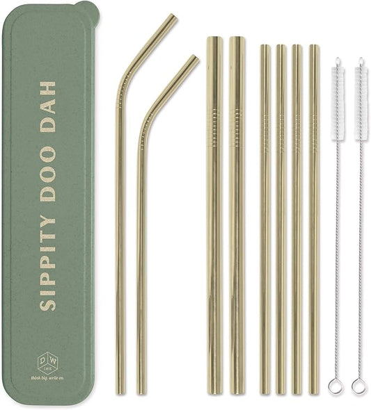 DesignWorks Ink Reusable Stainless Steel Straws with Case - Includes 2-Bendy Straws, 2-Smoothie Straws 4-Metal Straws, 2-Straw Cleaner Brushes in Green "Sippity Doo Dah" Straw Holder Travel Case