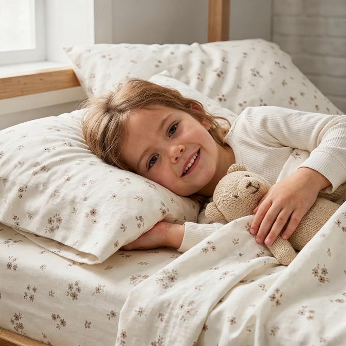 MakeMake Organics Organic Queen Sheet Set GOTS Certified Organic Cotton Sheets Queen Bed Fitted Sheet Flat Sheet Pillowcases Set - Ultra Soft Non Toxic Breathable Ditsy Flowers Peach (Queen, Bloom)