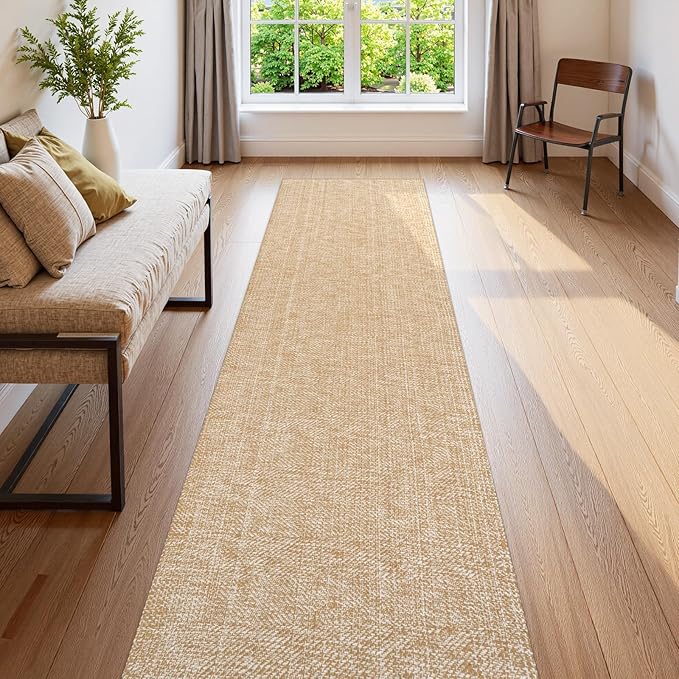 LEEVAN Hallway Runner Rug 12 ft, Cotton Woven Washable Runner Rugs, Tan Braided Low Pile Kitchen Runners Rug, Modern Bathroom Rugs Long Front Door Floor Carpet for Classroom/Bedroom/Doorway