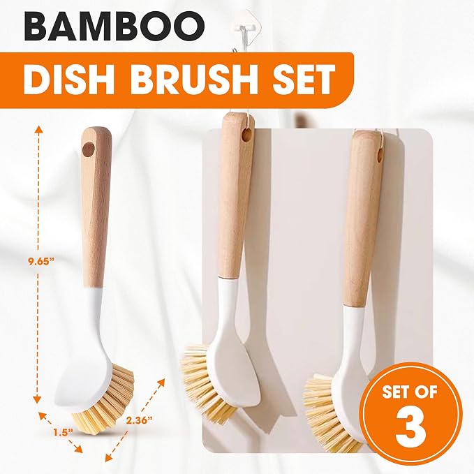 Cheer Collection Bamboo Dish Brush Set of 3 – Kitchen Scrub Brushes with Non-Scratch Bristles for Pots, Pans, and Sink Cleaning – Durable Dishwashing Brushes for Daily Kitchen Use