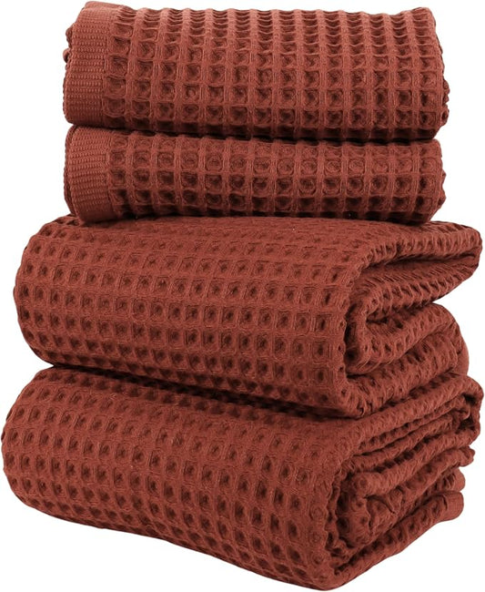 PÜSKÜL 4-Piece Natural 100% Turkish Cotton Luxury Waffle Towels for Bathroom | Premium Quality Honeycomb Weave 2 Hand Towel & 2 Bath Towel Set | Soft Absorbent Quick-Dry Lightweight Towels (Brick)