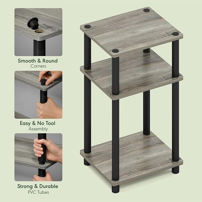 Furinno JUST Side Table Set of 2, 3-Tier Modern End Tables, Open Shelves Night Stand, Nightstand Set, Toolless Assembly, for Living Room, Bedroom, French Oak