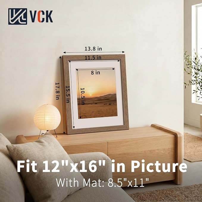VCK 12x16 Picture Frames Walnut 3 Pack, Wide Border Wood, Tempered Glass, Display 8.5x11 Poster Photo with Mat or 12 x 16 Without, for Home, Office, Gallery, Woodgrain Series, Wall Hanging