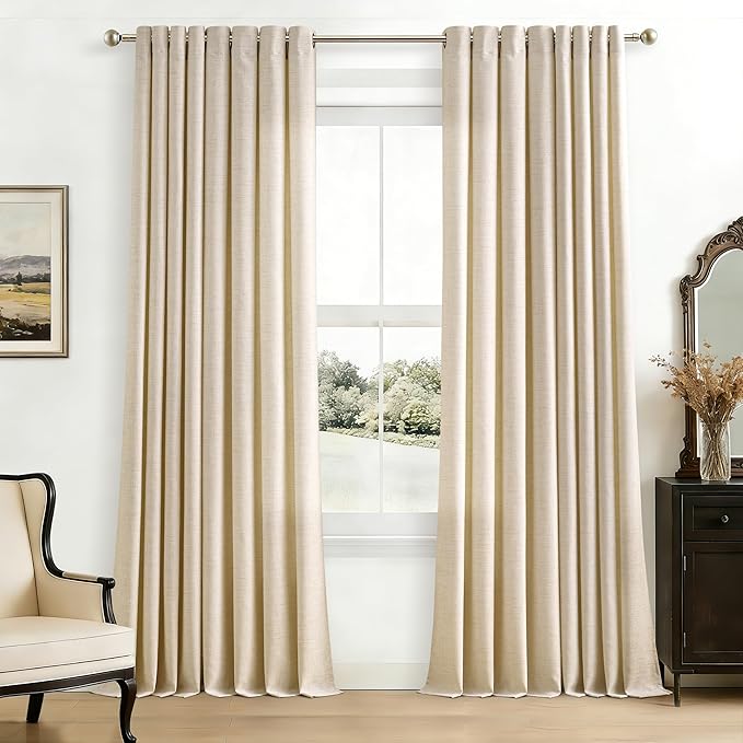 90 Inch Length 2 Panels Warm Beige Oatmeal Linen Curtains Filtering Semi Sheer Grommet Drapes Thick Linen Privacy Boho Farmhouse Window Curtain for for Bedroom Sliding Door 52x90