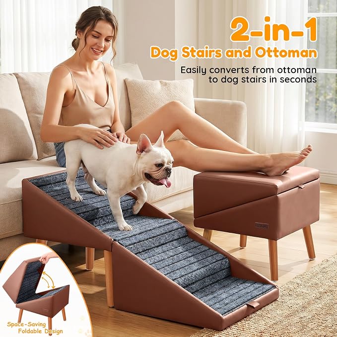 17" H Dog Stairs for Small Dogs – 4-Step Non-Slip Dog Ramp for Couch, Foldable 2-in-1 Pet Stairs & Ottoman, Upgraded Pet Steps for Puppies, Senior Dogs & Injured Pets, Solid Wood Frame (Brown)