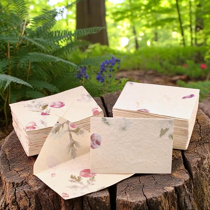 Kathmandu Valley Co. 50 Vintage 4x6 Handmade Lokta Paper Nepali Cherish Greeting Cards & Matching Decorative Flower Petal Envelopes. Folded blank cards. Handmade In Nepal. (Forest Wanderer)