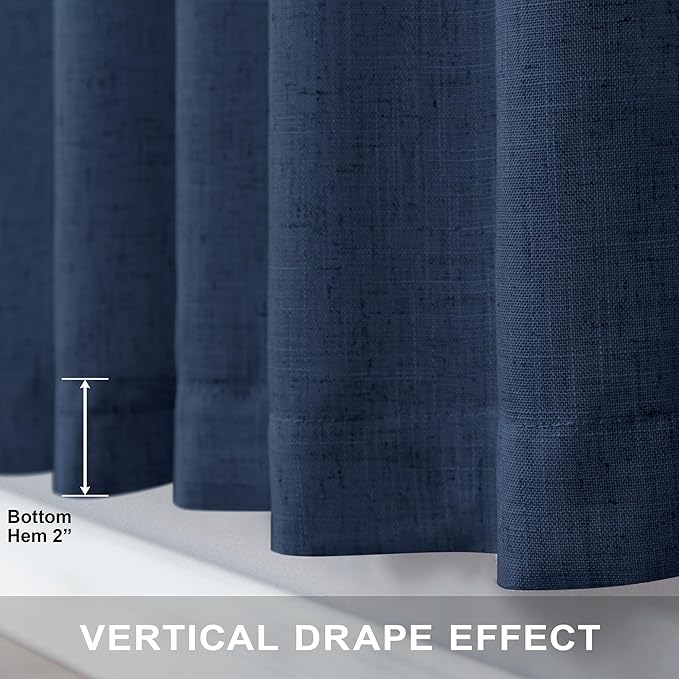 Navy Curtains 96 Inches Long for Kids Room 2 Panel Back Tab Pocket Drape Soft Cotton Textured Light Filtering Semi Privacy Sheer Dark Blue Linen Curtains for Living Room Boys Bedroom 52x96 Inch Length