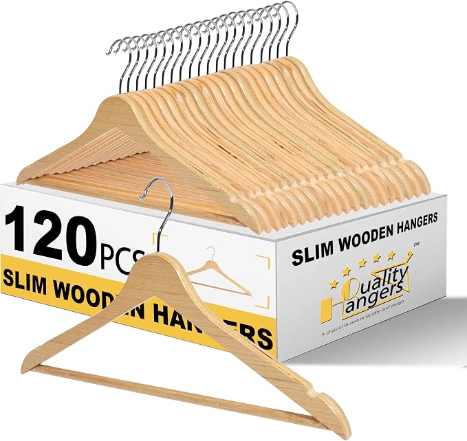 Quality Hangers Premium Slim Wooden Hangers 120 Pack - Thin Space Saving Hangers with 360 Degree Swivel Hook & Shoulder Groves Types of Clothing – Natural (120, Natural)